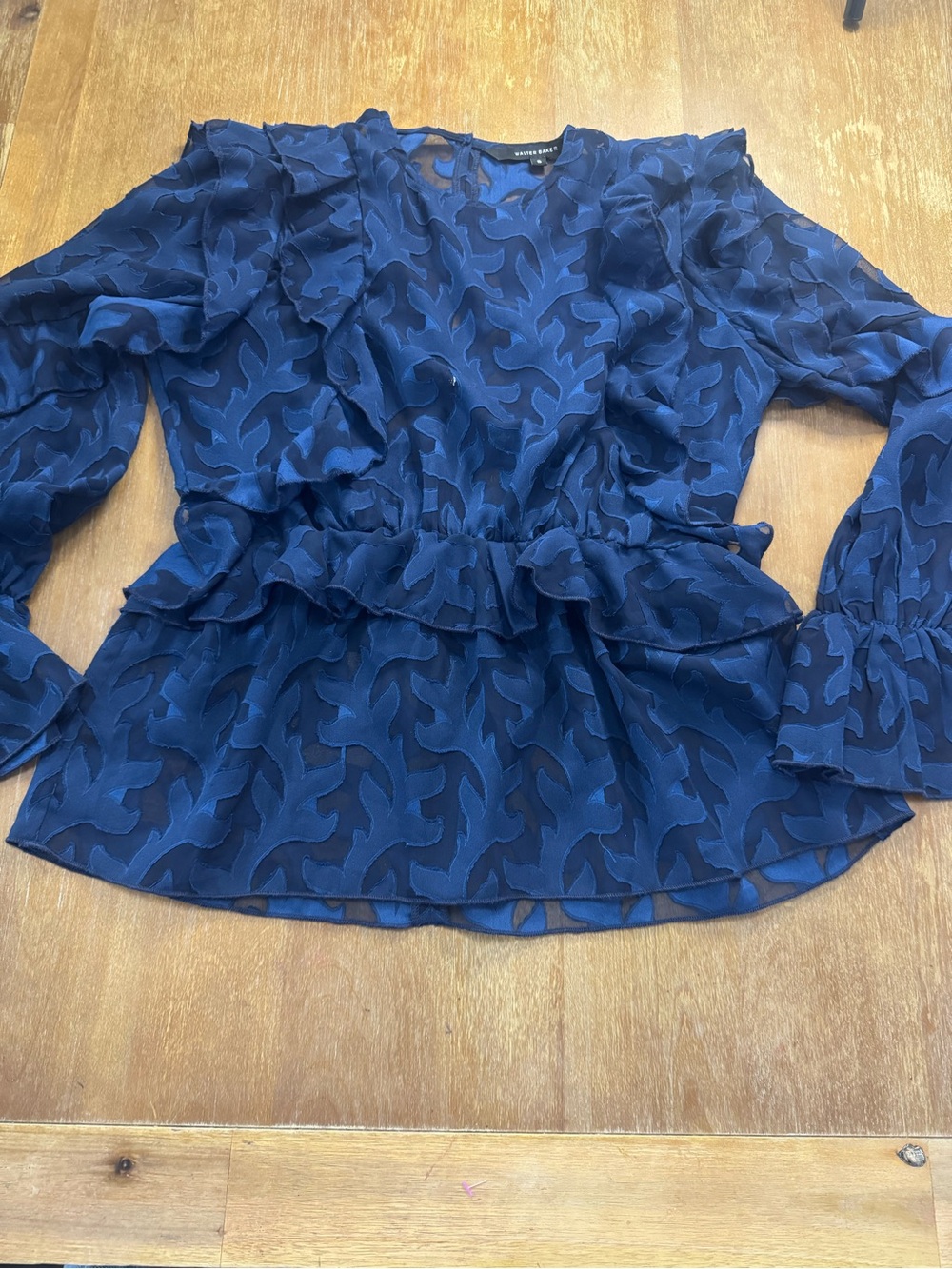 Walter Baker Navy Blue Sheer Ruffle Blouse